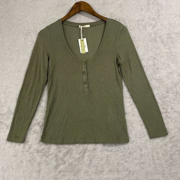 NEW Marine Layer Women's L Long Sleeve Henley Top Ribbed Olive Green - Picture 1 of 7